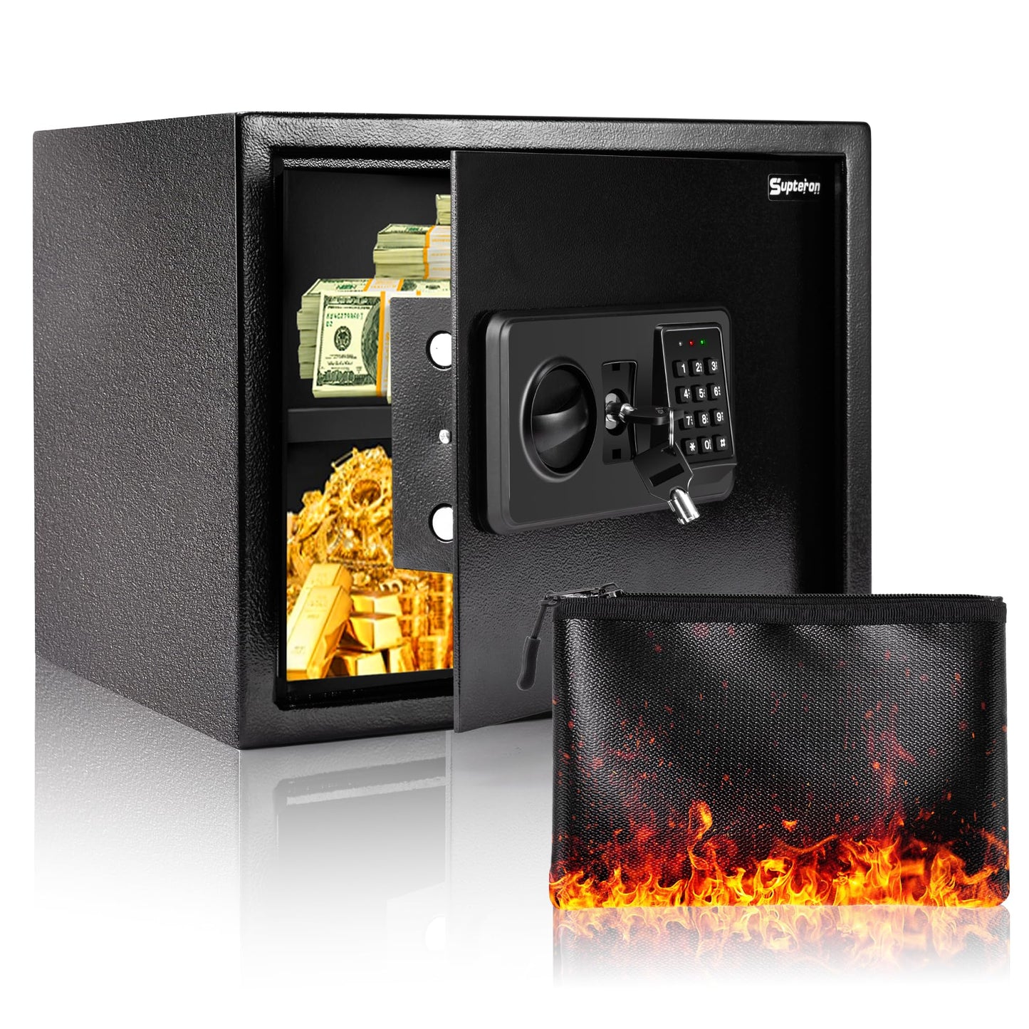 1.2 Cubic Black Safe Fireproof Waterproof for Home, Personal Fireproof Safe with Fireproof Document Bag, Removable Shelf & LED Light, Money Security Safe Box for Firearm Cash Jewelry Medicine