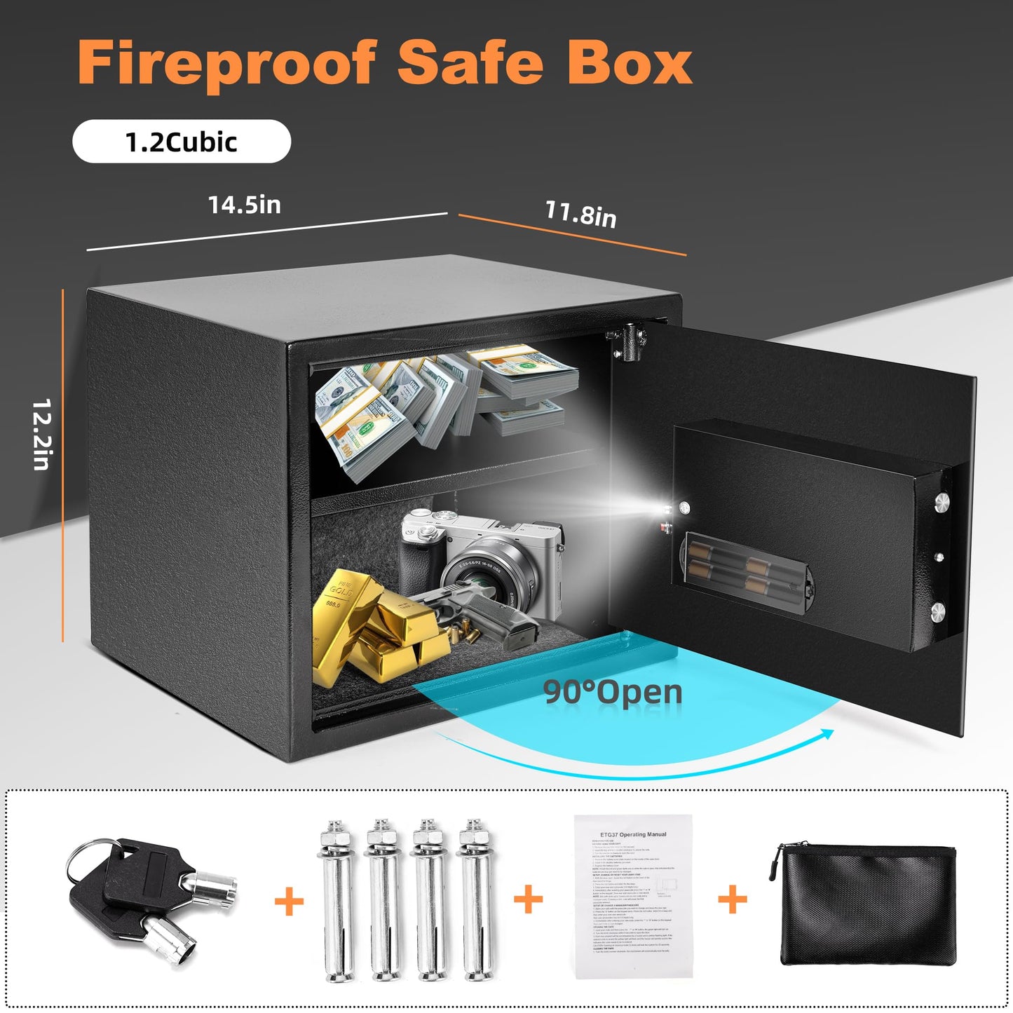 1.2 Cubic Black Safe Fireproof Waterproof for Home, Personal Fireproof Safe with Fireproof Document Bag, Removable Shelf & LED Light, Money Security Safe Box for Firearm Cash Jewelry Medicine