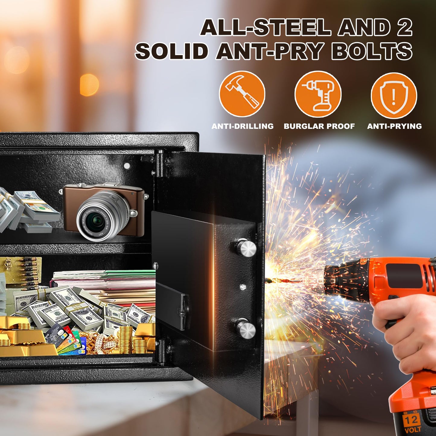 1.2 Cubic Black Safe Fireproof Waterproof for Home, Personal Fireproof Safe with Fireproof Document Bag, Removable Shelf & LED Light, Money Security Safe Box for Firearm Cash Jewelry Medicine