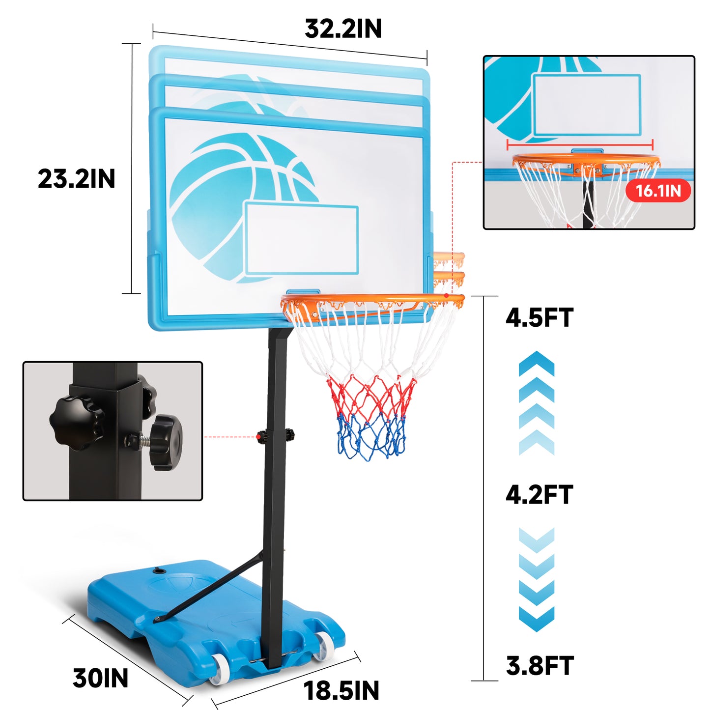 Sulives 3.8-4.5ft Adjustable Poolside Basketball Hoop,Portable Swimming Pool Basketball Stand with Removable Wheels for Kids/Adults in Outdoor/Indoor, with Premium PVC Backboard(Blue)
