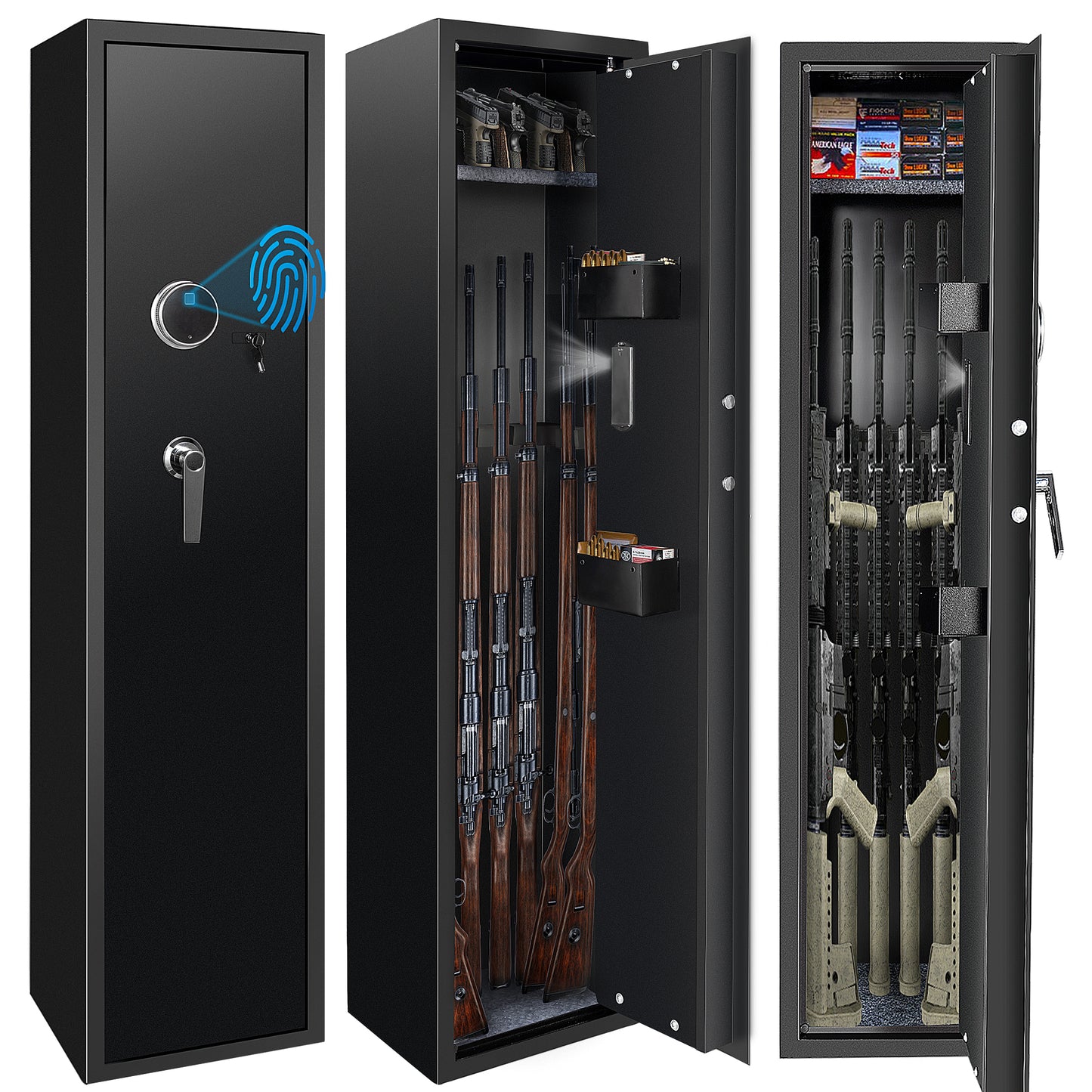 Sulives 5-7 Gun Safes for Rifle Shotgun and Pistols with Fingerprint Locking,Quick Access Gun Security Cabinet with Removable Shelf, Thickened Design Gun Safe with Pistol Pockets and Bullet Rack
