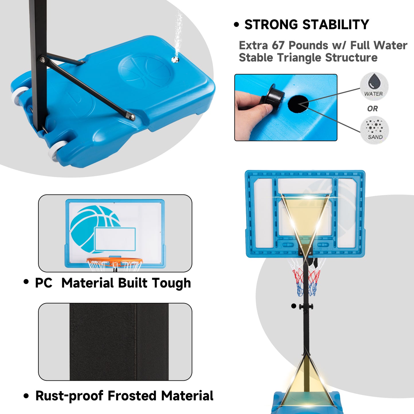 Sulives 3.8-4.5ft Adjustable Poolside Basketball Hoop,Portable Swimming Pool Basketball Stand with Removable Wheels for Kids/Adults in Outdoor/Indoor, with Premium PVC Backboard(Blue)