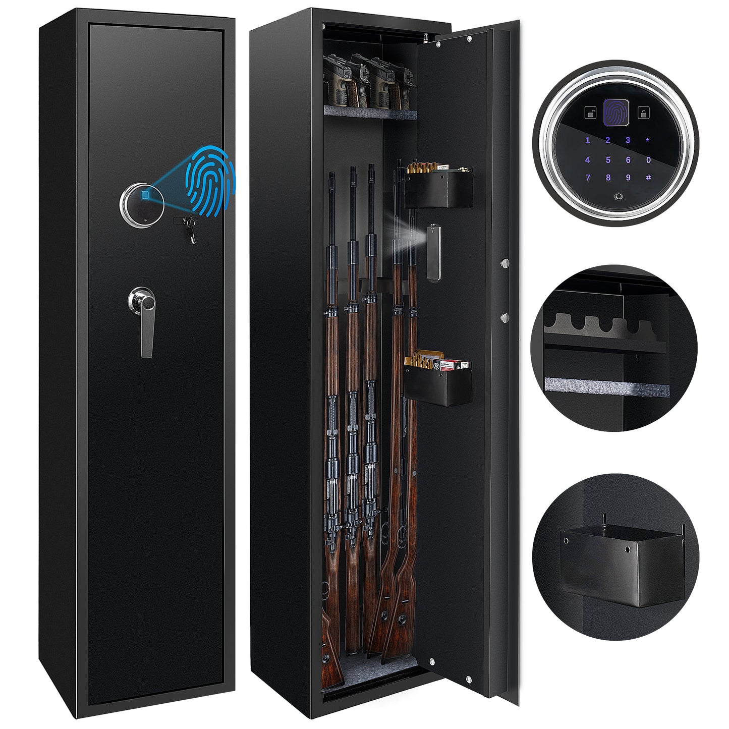 Sulives 5-7 Gun Safes for Rifle Shotgun and Pistols with Fingerprint Locking,Quick Access Gun Security Cabinet with Removable Shelf, Thickened Design Gun Safe with Pistol Pockets and Bullet Rack