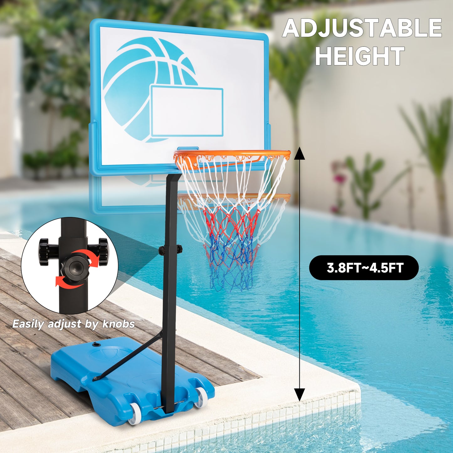 Sulives 3.8-4.5ft Adjustable Poolside Basketball Hoop,Portable Swimming Pool Basketball Stand with Removable Wheels for Kids/Adults in Outdoor/Indoor, with Premium PVC Backboard(Blue)