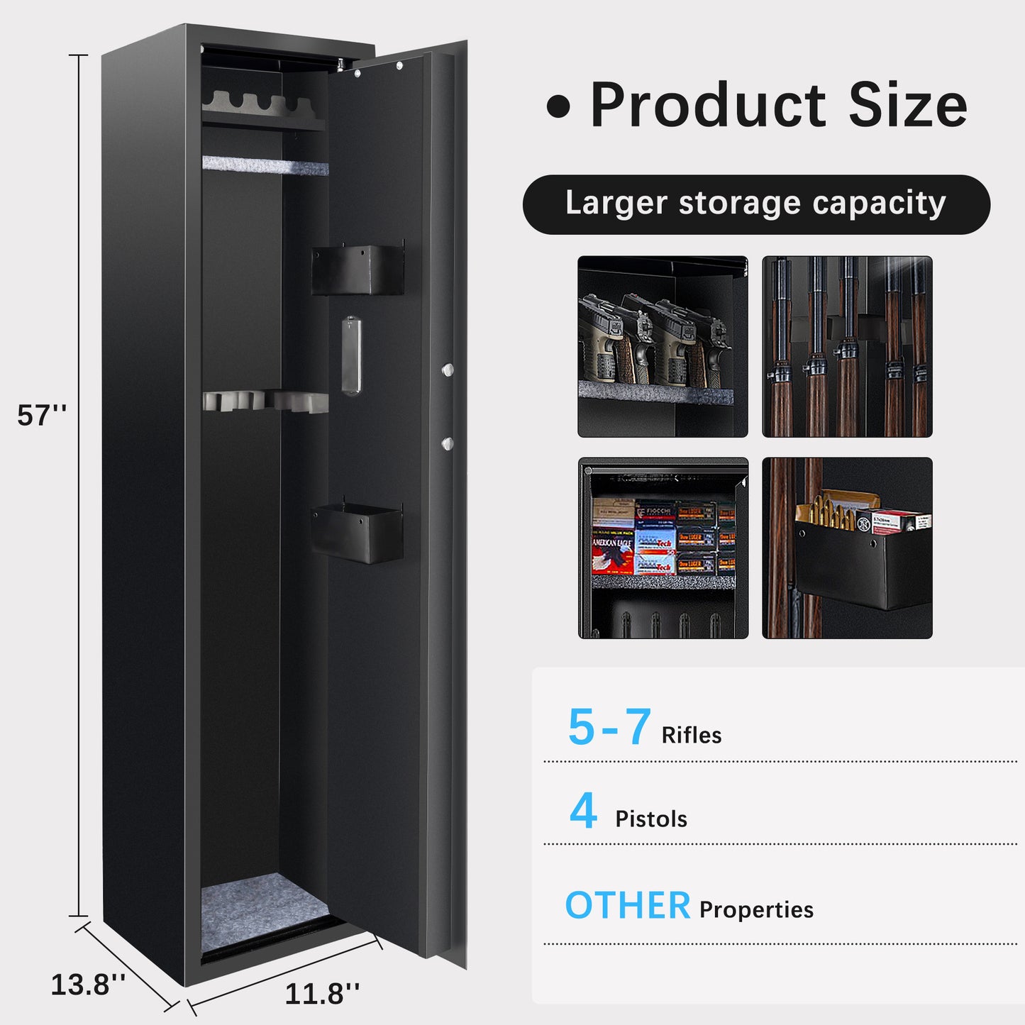 Sulives 5-7 Gun Safes for Rifle Shotgun and Pistols with Fingerprint Locking,Quick Access Gun Security Cabinet with Removable Shelf, Thickened Design Gun Safe with Pistol Pockets and Bullet Rack