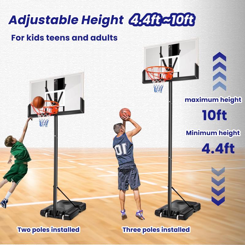 Portable Basketball Hoop with 44in Shatterproof Backboard, 4.4-10ft 12-Level Height Adjustable Basketball Hoops Stand System for Kids/Adults in Outdoor/Indoor, with Premium PC Backboard