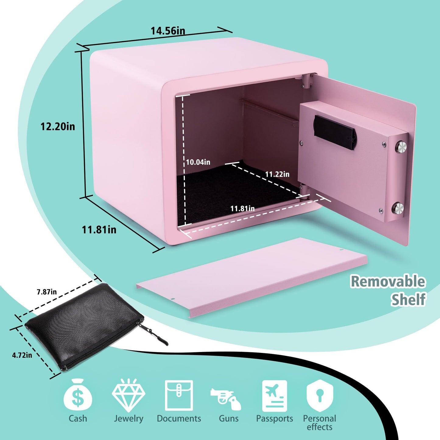 Pink Safe Box with Biometric Fingerprint Touch Screen and Digital Virtual Password, 1.2 Cu ft Home Safe with Fireproof Document Bag for Home Closet Office Hotel Business