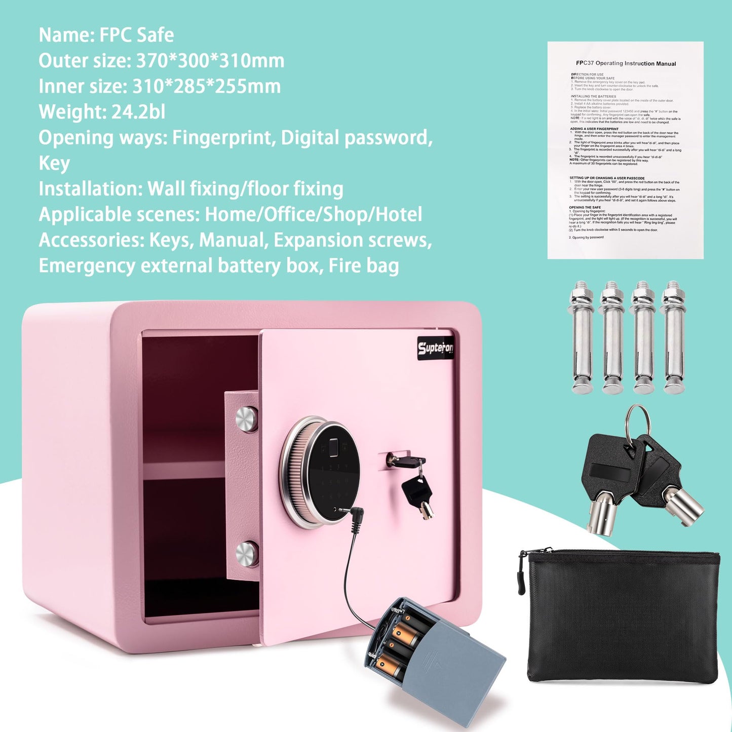 Pink Safe Box with Biometric Fingerprint Touch Screen and Digital Virtual Password, 1.2 Cu ft Home Safe with Fireproof Document Bag for Home Closet Office Hotel Business