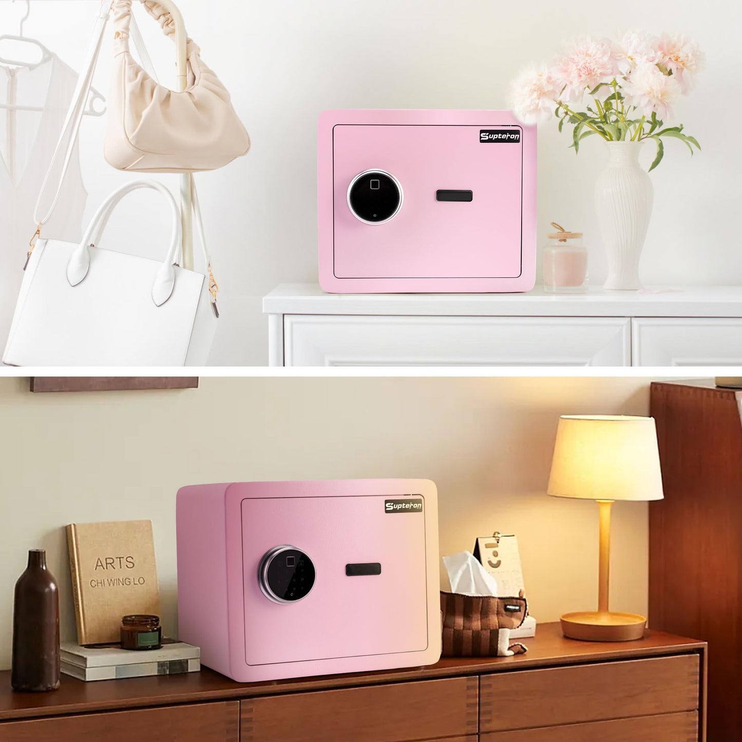 Pink Safe Box with Biometric Fingerprint Touch Screen and Digital Virtual Password, 1.2 Cu ft Home Safe with Fireproof Document Bag for Home Closet Office Hotel Business