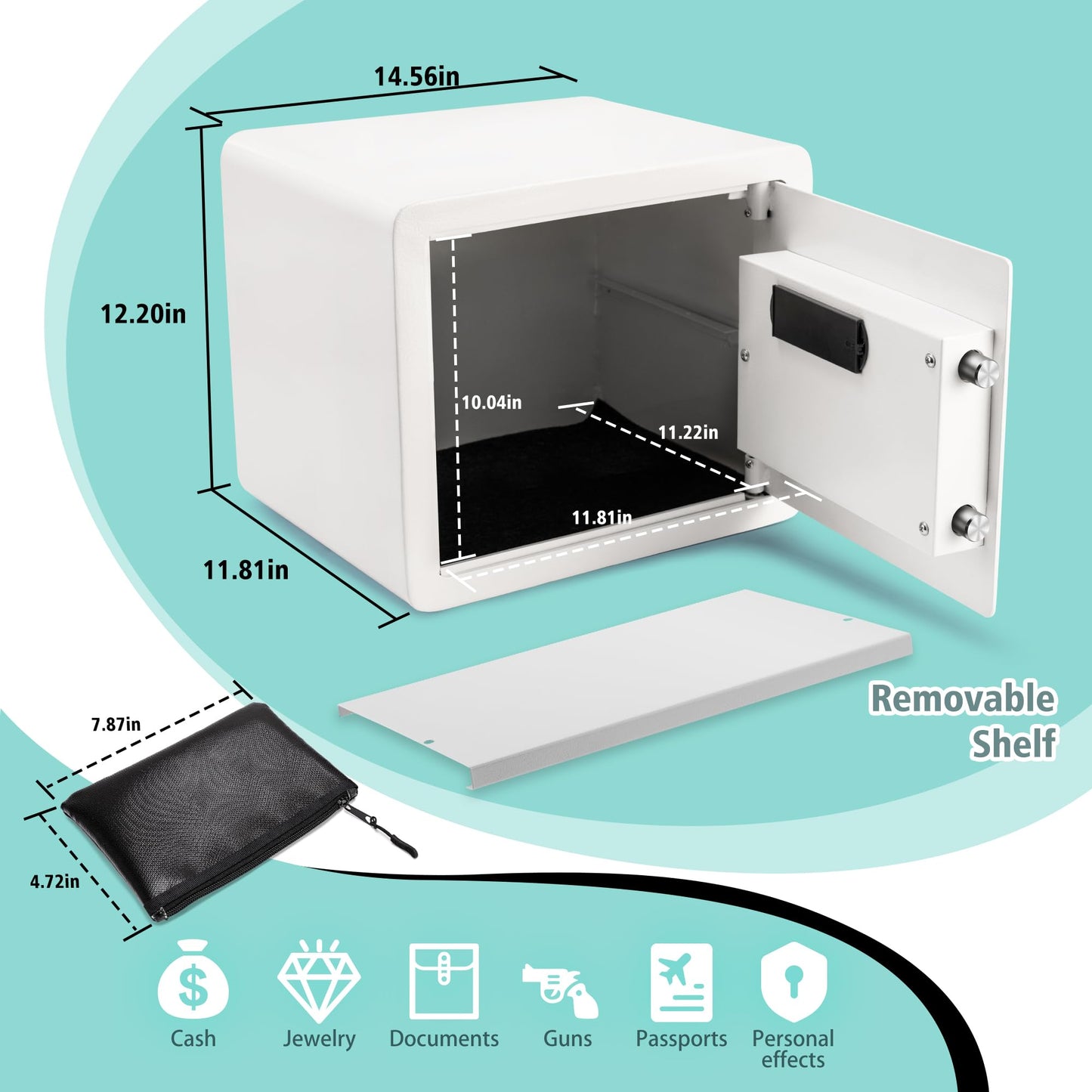 White Safe Box with Biometric Fingerprint Touch Screen and Digital Virtual Password, 1.2 Cu ft Home Safe with Fireproof Document Bag