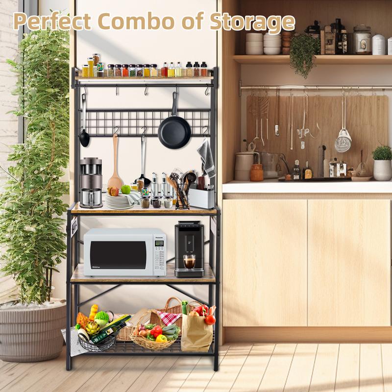 SULIVES Large Bakers Rack with Power Outlets, 31.5 Inch Width Baker Rack with 4 Tiers, Kitchen Stand with 10 S-Shaped Hooks, Kitchen Shelf with Wire Basket for Spices, Pots and Pans-Rustic Brown Organiser Steel Wood Wooden