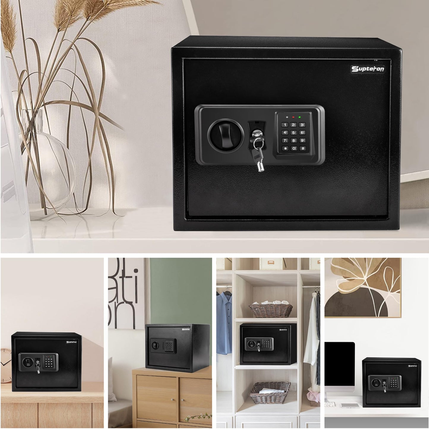 1.2 Cubic Black Safe Fireproof Waterproof for Home, Personal Fireproof Safe with Fireproof Document Bag, Removable Shelf & LED Light, Money Security Safe Box for Firearm Cash Jewelry Medicine