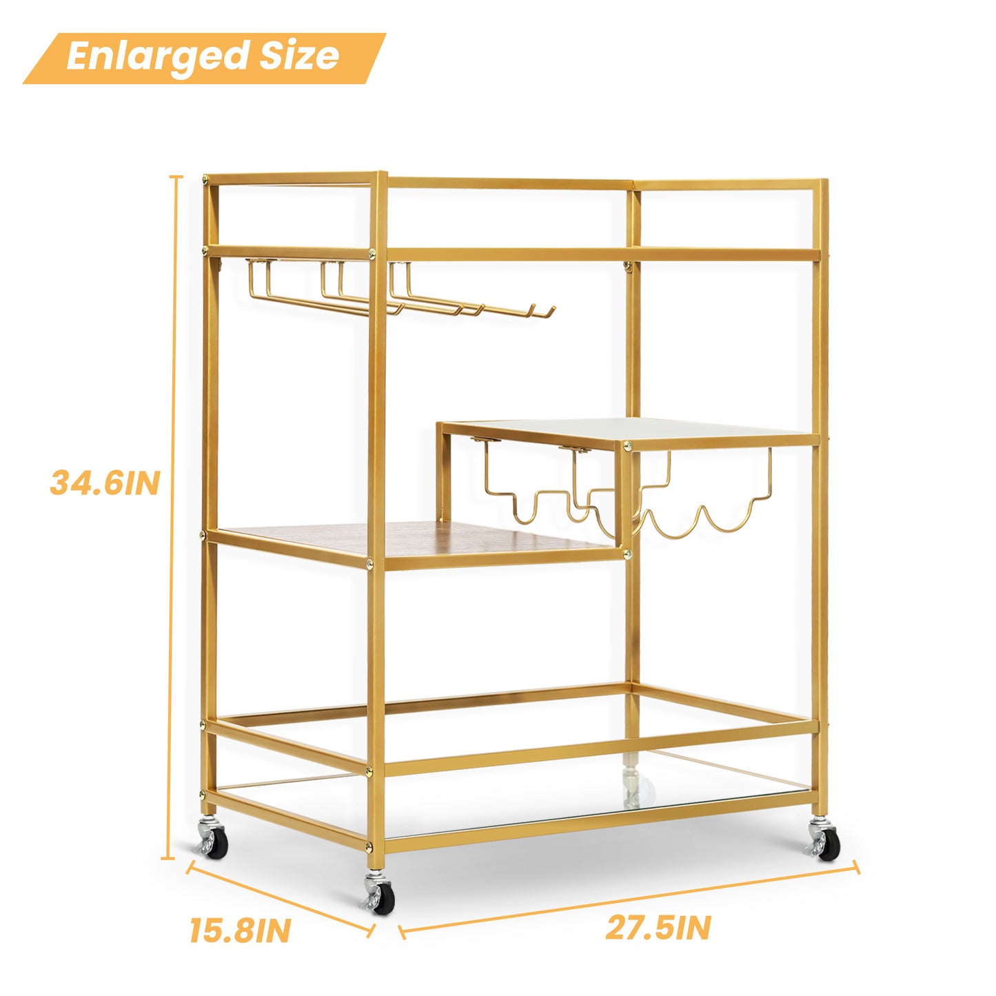 SULIVES Gold Rolling Serving Bar Carts with 4-Tier Shelf, Home Bar Cart and Lockable Wheel Wine Cart with Wine Rack and Tempered Glass Stand