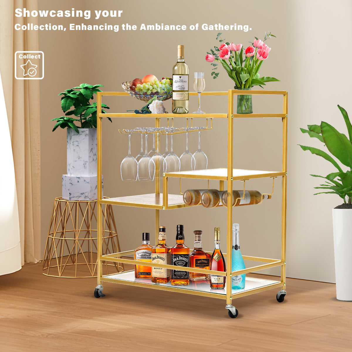 SULIVES Gold Rolling Serving Bar Carts with 4-Tier Shelf, Home Bar Cart and Lockable Wheel Wine Cart with Wine Rack and Tempered Glass Stand