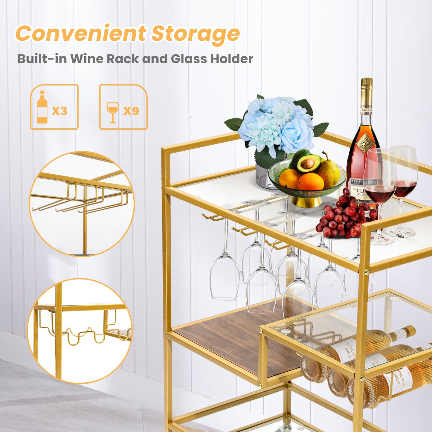 SULIVES Gold Rolling Serving Bar Carts with 4-Tier Shelf, Home Bar Cart and Lockable Wheel Wine Cart with Wine Rack and Tempered Glass Stand