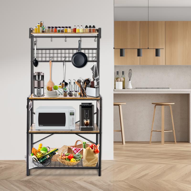 SULIVES Large Bakers Rack with Power Outlets, 31.5 Inch Width Baker Rack with 4 Tiers, Kitchen Stand with 10 S-Shaped Hooks, Kitchen Shelf with Wire Basket for Spices, Pots and Pans-Rustic Brown Organiser Steel Wood Wooden