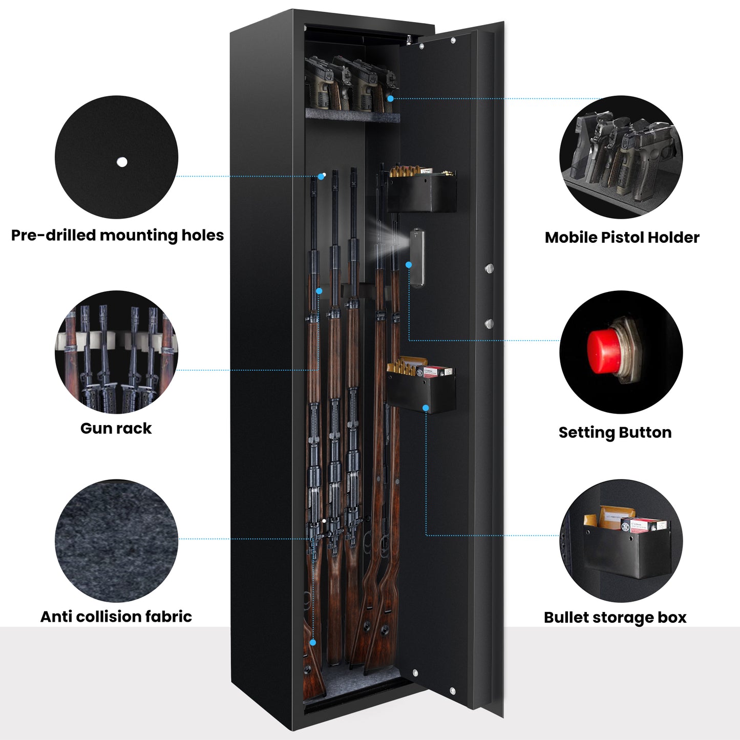 Sulives 5-7 Gun Safes for Rifle Shotgun and Pistols with Fingerprint Locking,Quick Access Gun Security Cabinet with Removable Shelf, Thickened Design Gun Safe with Pistol Pockets and Bullet Rack