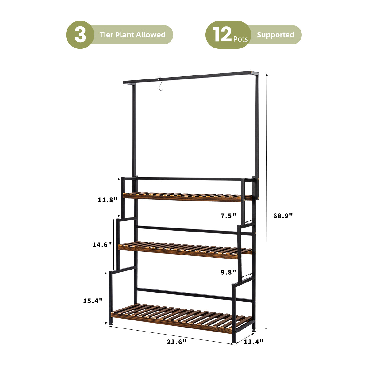 SULIVES Indoor Plant Shelf Stand - Long 3 Tiered Metal Stand for Plants, Large Holder Display Shelf for Living Room, Patio, Balcony