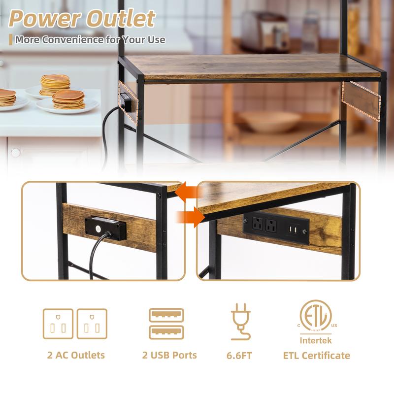 SULIVES Large Bakers Rack with Power Outlets, 31.5 Inch Width Baker Rack with 4 Tiers, Kitchen Stand with 10 S-Shaped Hooks, Kitchen Shelf with Wire Basket for Spices, Pots and Pans-Rustic Brown Organiser Steel Wood Wooden