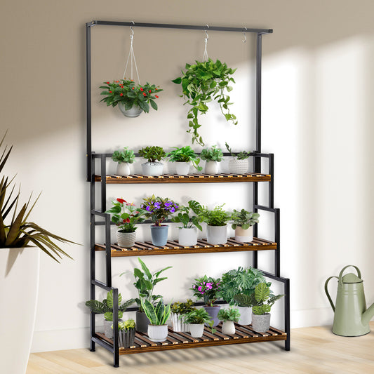 SULIVES Indoor Plant Shelf Stand - Long 3 Tiered Metal Stand for Plants, Large Holder Display Shelf for Living Room, Patio, Balcony