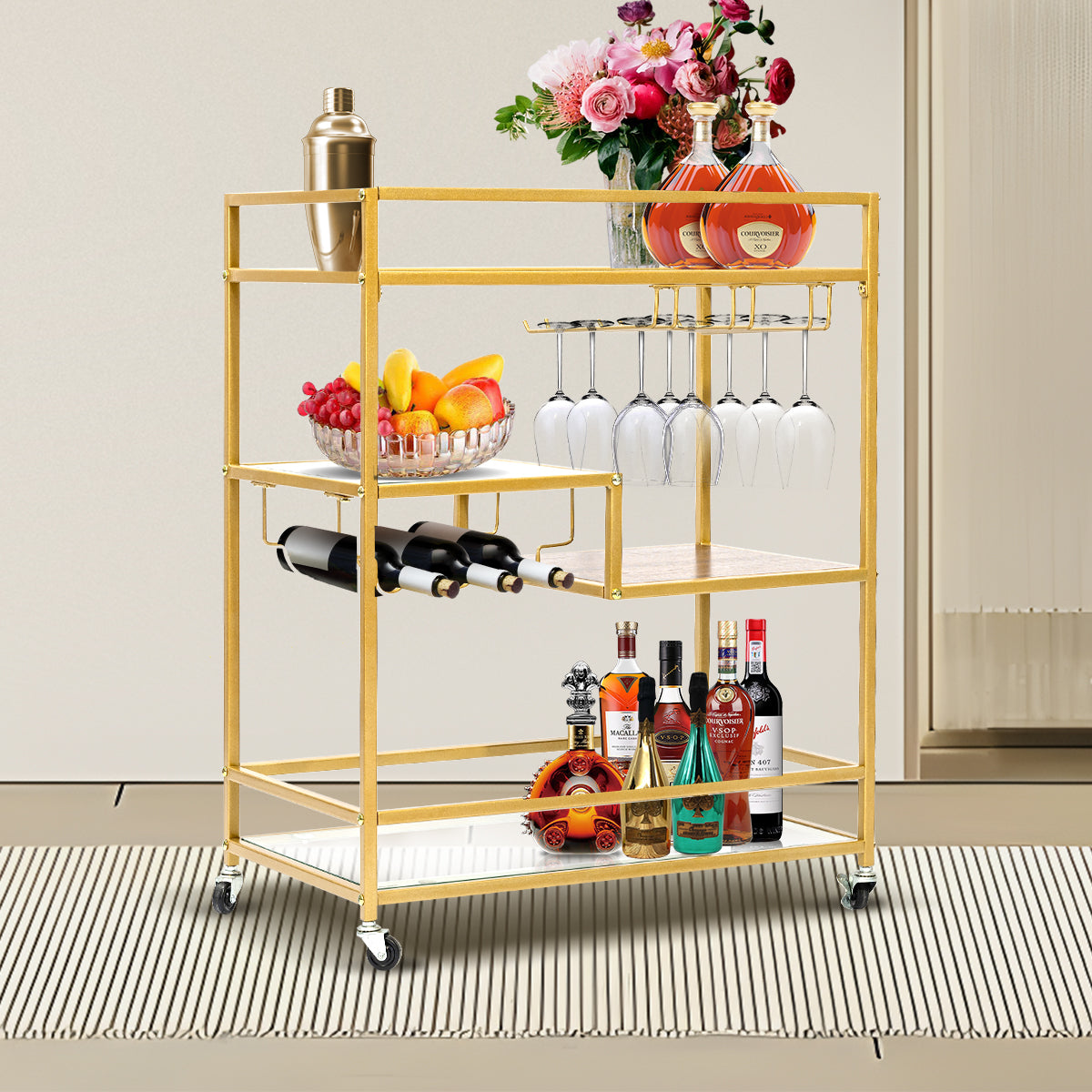 SULIVES Gold Rolling Serving Bar Carts with 4-Tier Shelf, Home Bar Cart and Lockable Wheel Wine Cart with Wine Rack and Tempered Glass Stand