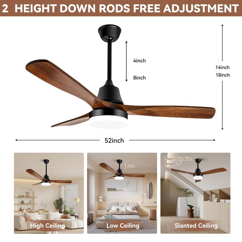 Ceiling Fans with Lights - 52 Inch Black Ceiling Fan with Remote, Modern Ceiling Fan with 6-Speed Noiseless Reversible DC Motor and Sleep Timer for Bedroom/Living Room/Study