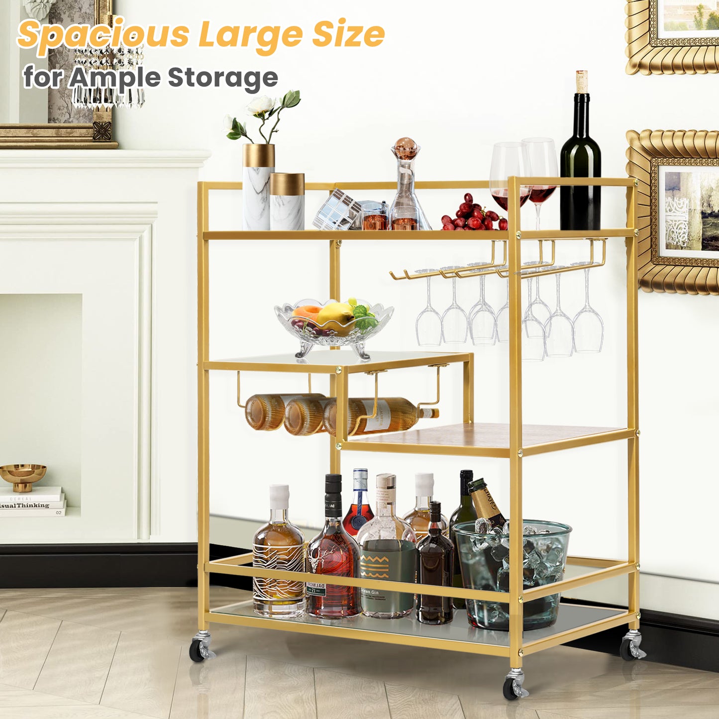 SULIVES Gold Rolling Serving Bar Carts with 4-Tier Shelf, Home Bar Cart and Lockable Wheel Wine Cart with Wine Rack and Tempered Glass Stand