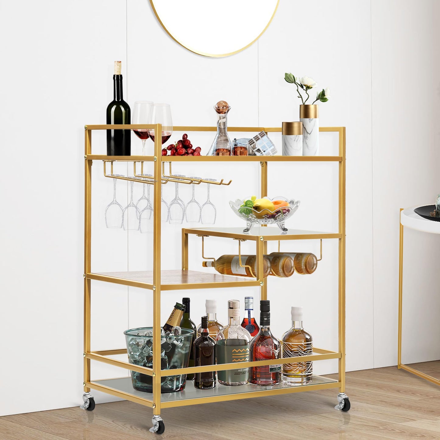 SULIVES Gold Rolling Serving Bar Carts with 4-Tier Shelf, Home Bar Cart and Lockable Wheel Wine Cart with Wine Rack and Tempered Glass Stand