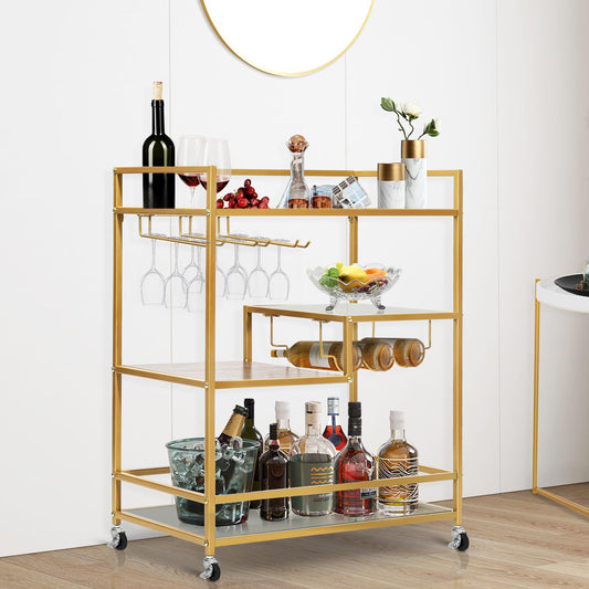 SULIVES Gold Rolling Serving Bar Carts with 4-Tier Shelf, Home Bar Cart and Lockable Wheel Wine Cart with Wine Rack and Tempered Glass Stand