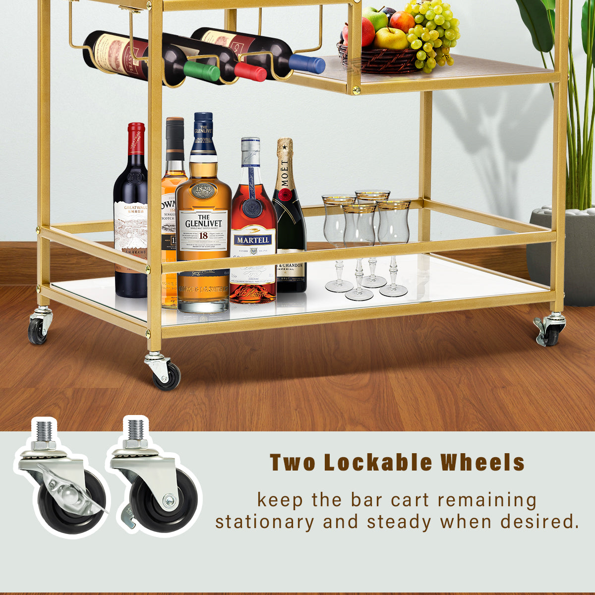 SULIVES Gold Rolling Serving Bar Carts with 4-Tier Shelf, Home Bar Cart and Lockable Wheel Wine Cart with Wine Rack and Tempered Glass Stand