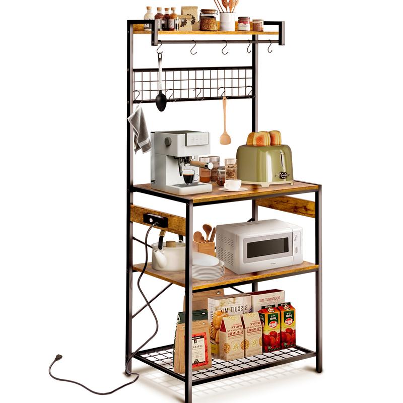 SULIVES Large Bakers Rack with Power Outlets, 31.5 Inch Width Baker Rack with 4 Tiers, Kitchen Stand with 10 S-Shaped Hooks, Kitchen Shelf with Wire Basket for Spices, Pots and Pans-Rustic Brown Organiser Steel Wood Wooden
