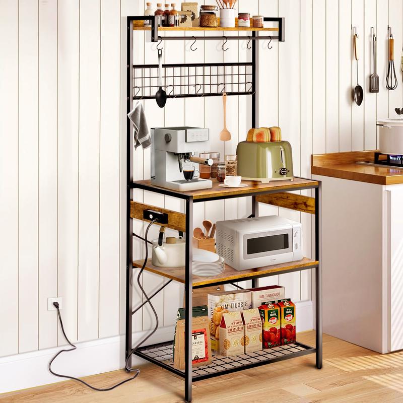SULIVES Large Bakers Rack with Power Outlets, 31.5 Inch Width Baker Rack with 4 Tiers, Kitchen Stand with 10 S-Shaped Hooks, Kitchen Shelf with Wire Basket for Spices, Pots and Pans-Rustic Brown Organiser Steel Wood Wooden
