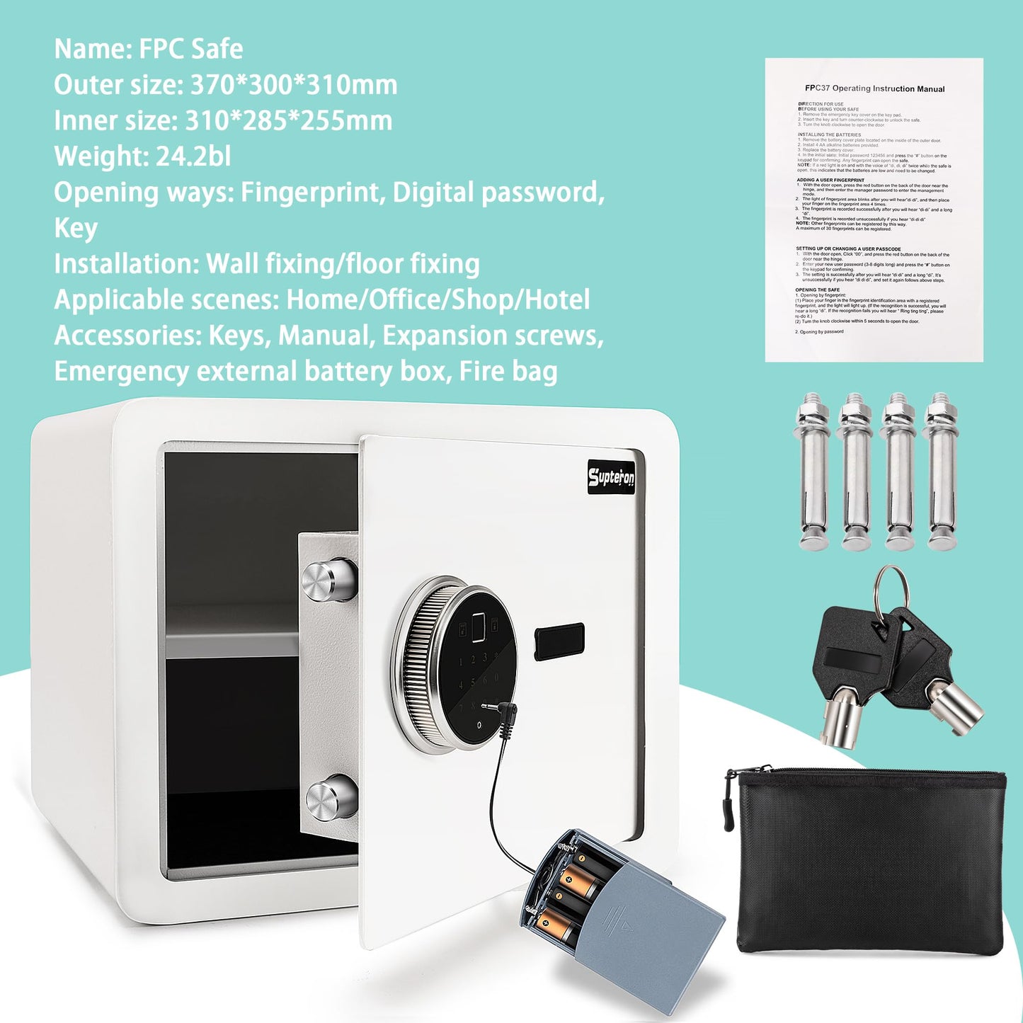 White Safe Box with Biometric Fingerprint Touch Screen and Digital Virtual Password, 1.2 Cu ft Home Safe with Fireproof Document Bag