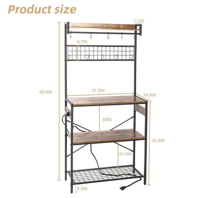 SULIVES Large Bakers Rack with Power Outlets, 31.5 Inch Width Baker Rack with 4 Tiers, Kitchen Stand with 10 S-Shaped Hooks, Kitchen Shelf with Wire Basket for Spices, Pots and Pans-Rustic Brown Organiser Steel Wood Wooden