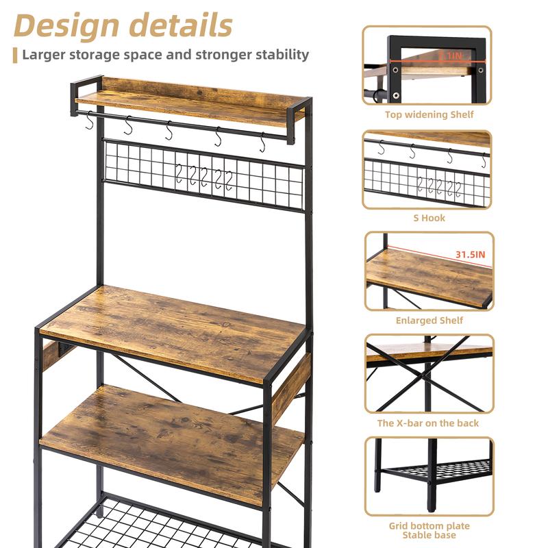 SULIVES Large Bakers Rack with Power Outlets, 31.5 Inch Width Baker Rack with 4 Tiers, Kitchen Stand with 10 S-Shaped Hooks, Kitchen Shelf with Wire Basket for Spices, Pots and Pans-Rustic Brown Organiser Steel Wood Wooden
