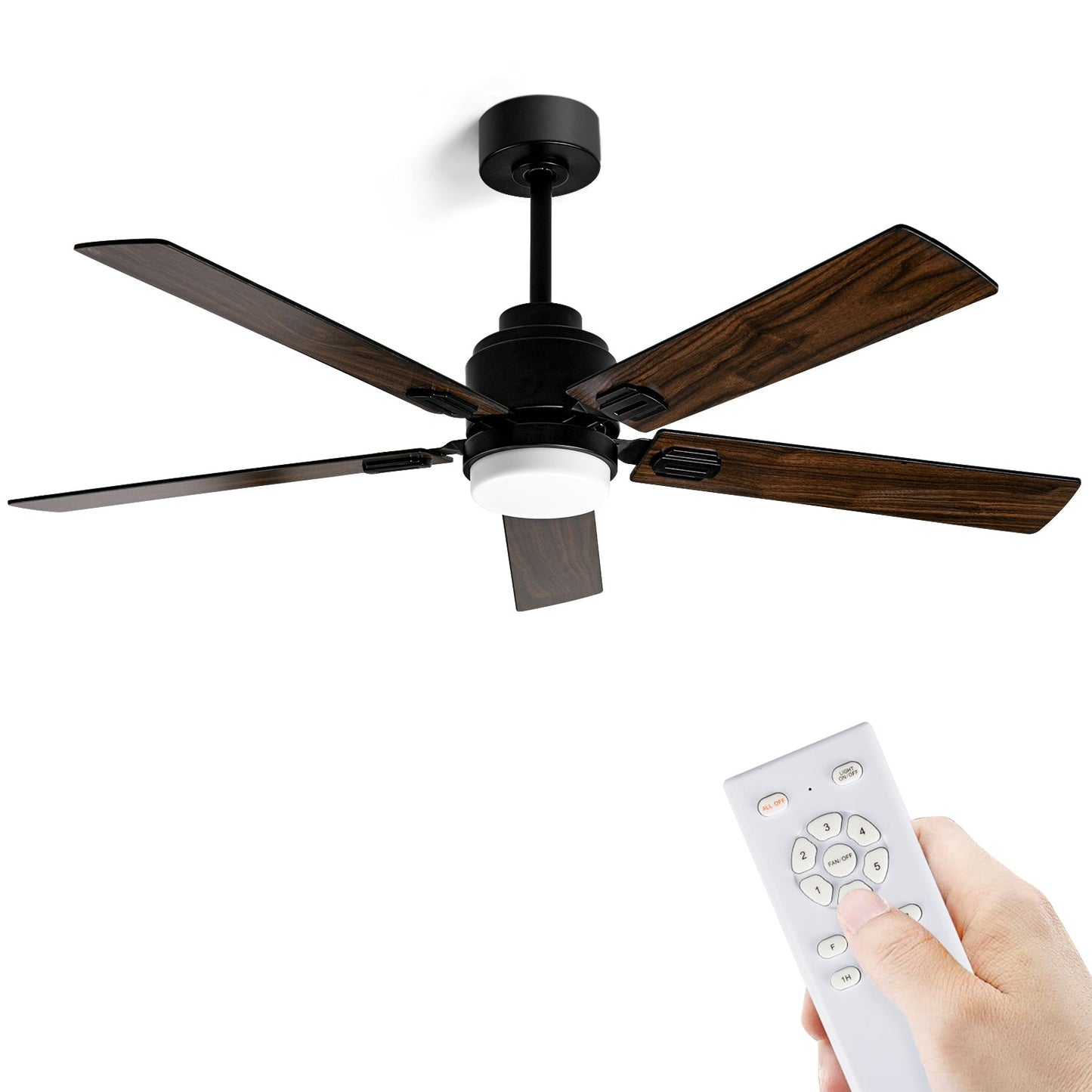 52 Inch Black Low Profile Wood Ceiling Fan With Remote Control and Light, Reversible DC motor