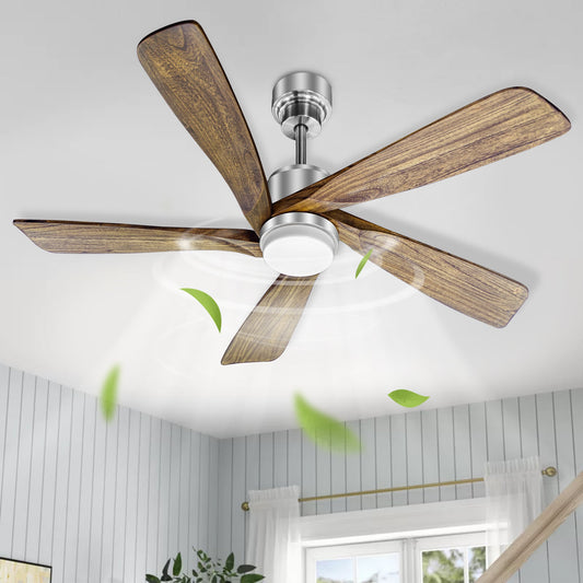 52 Inch Silver Low Profile Wood Ceiling Fan With Remote Control and Light, Reversible DC motor