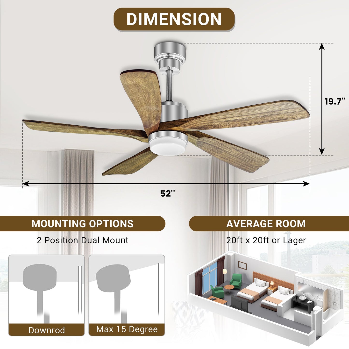 52 Inch Silver Low Profile Wood Ceiling Fan With Remote Control and Light, Reversible DC motor