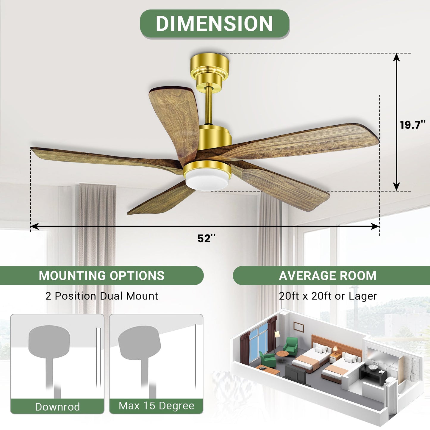 52 Inch Golden Low Profile Wood Ceiling Fan With Remote Control and Light, Reversible DC motor