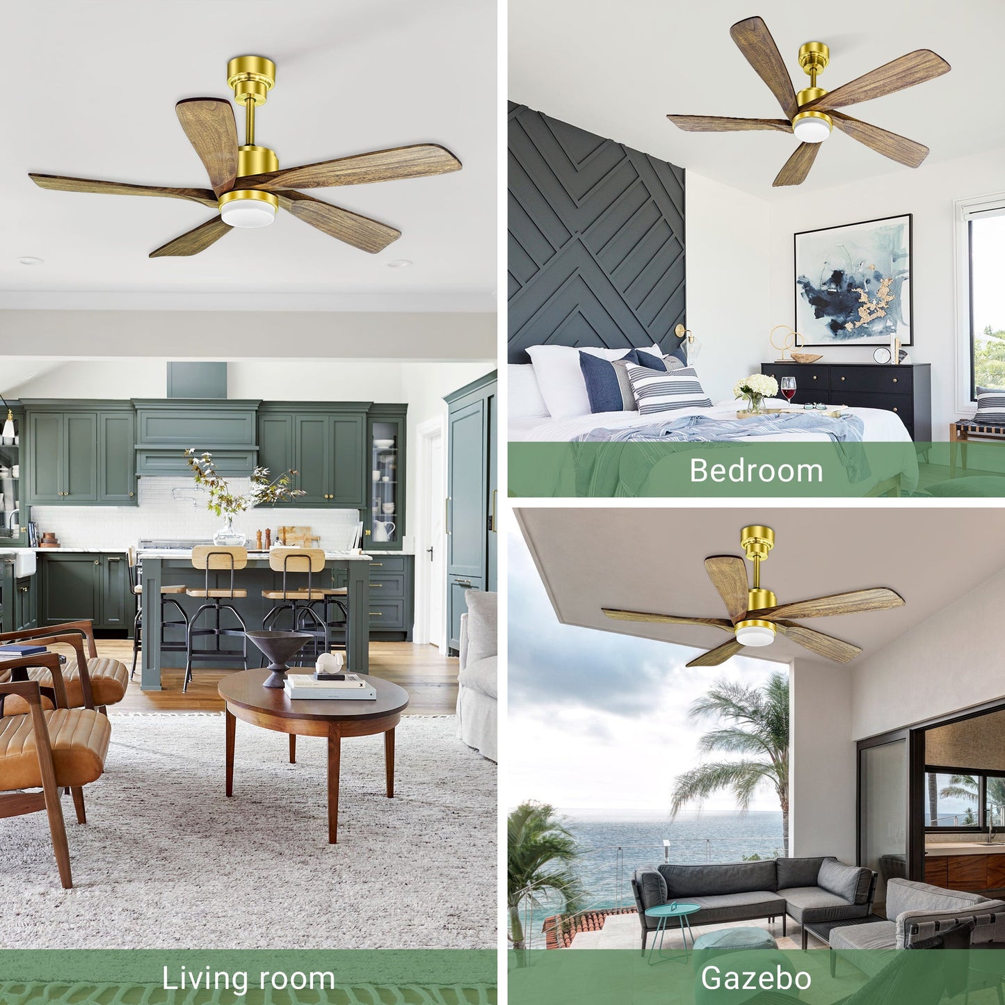 52 Inch Golden Low Profile Wood Ceiling Fan With Remote Control and Light, Reversible DC motor