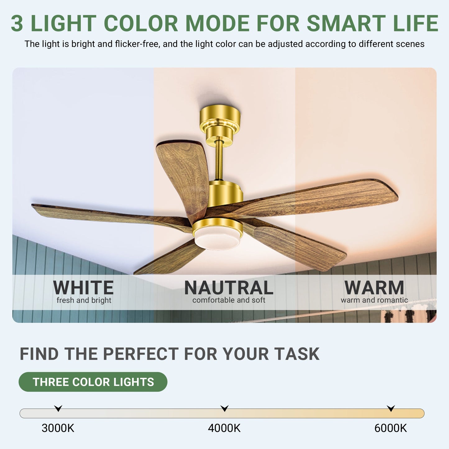 52 Inch Golden Low Profile Wood Ceiling Fan With Remote Control and Light, Reversible DC motor