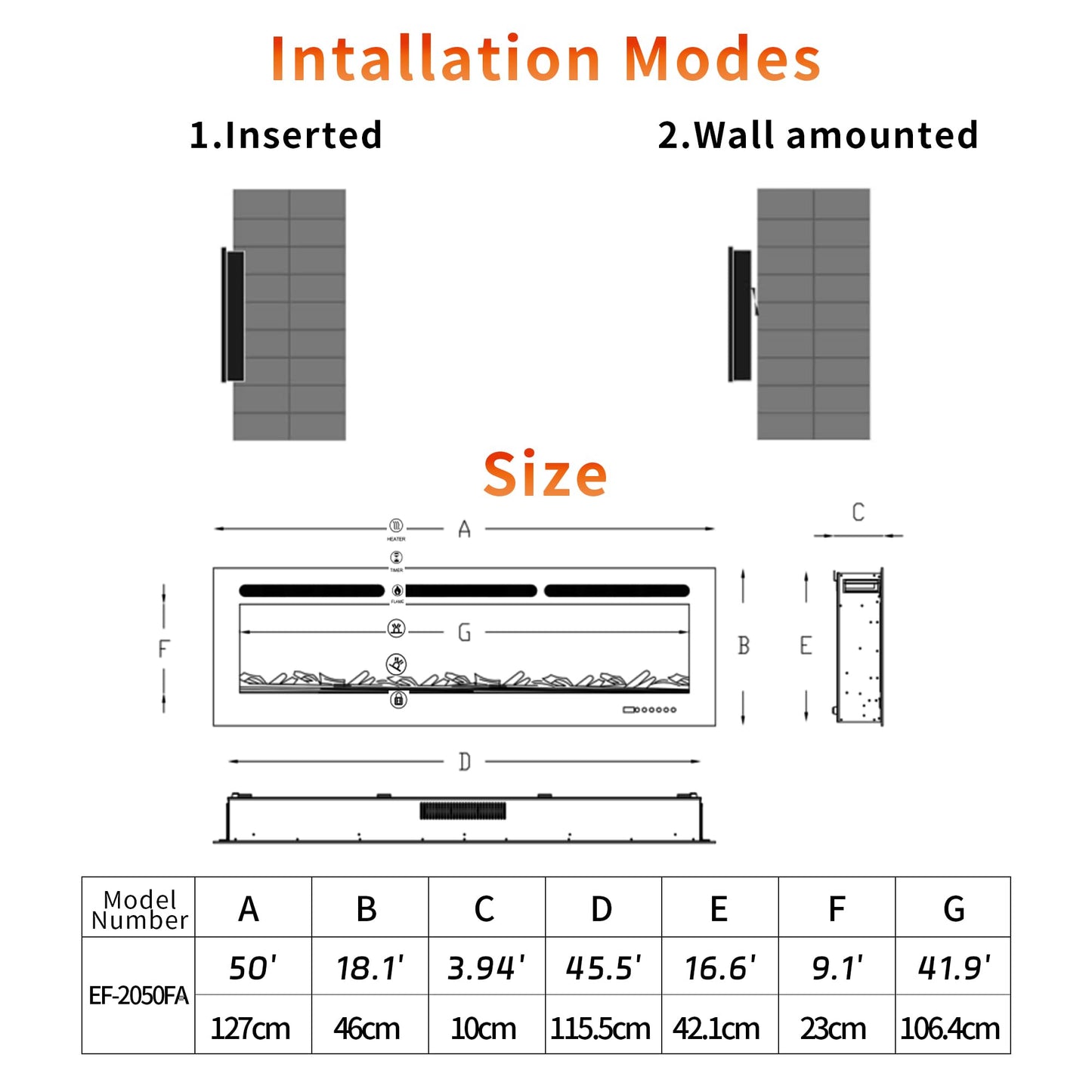 50 inch Ultra-Thin Electric Fireplace Recessed and Wall Mounted, 750/1500W Heater