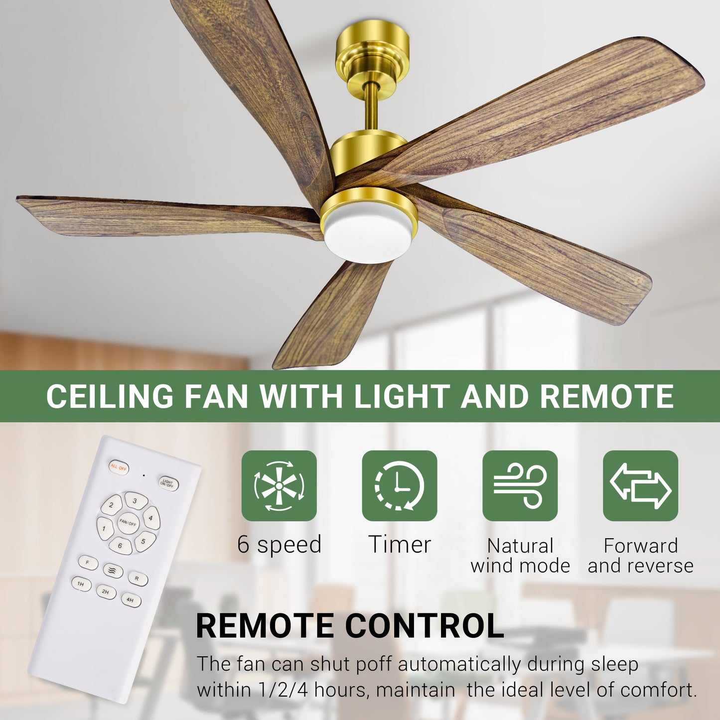 52 Inch Golden Low Profile Wood Ceiling Fan With Remote Control and Light, Reversible DC motor