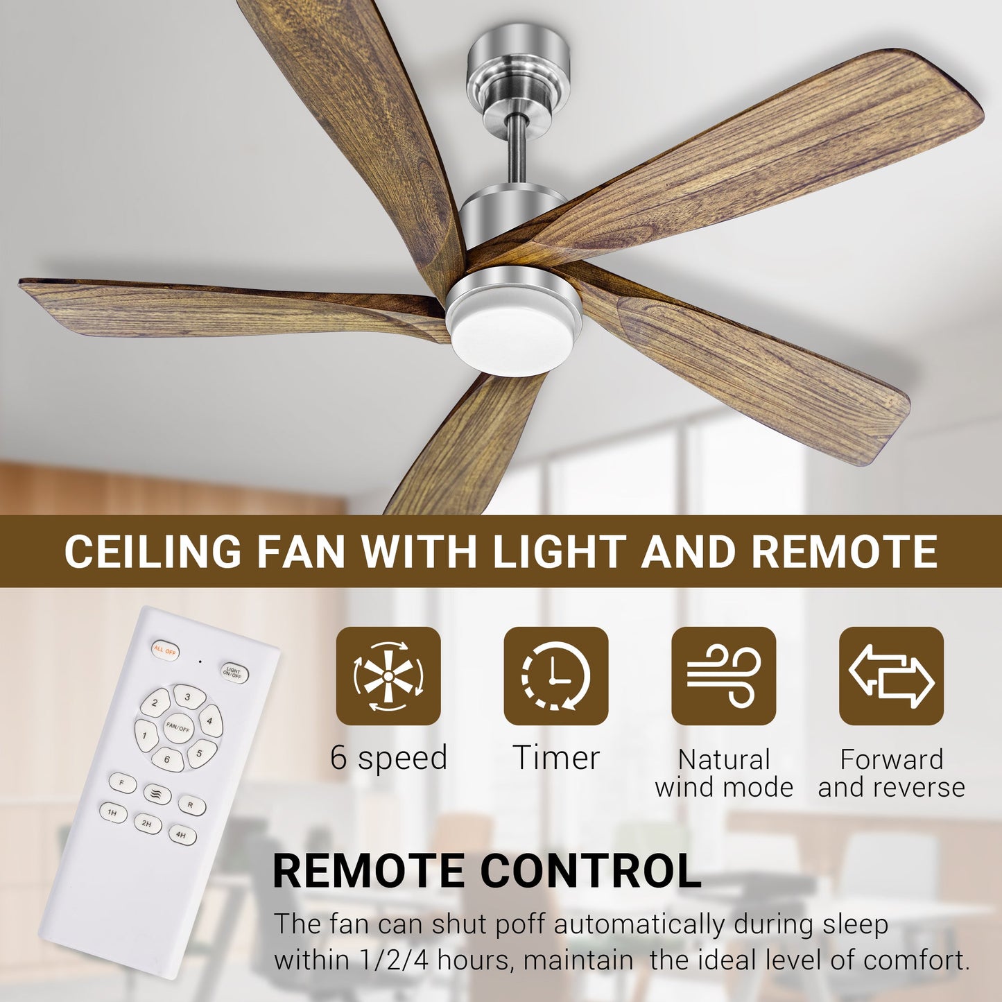 52 Inch Silver Low Profile Wood Ceiling Fan With Remote Control and Light, Reversible DC motor