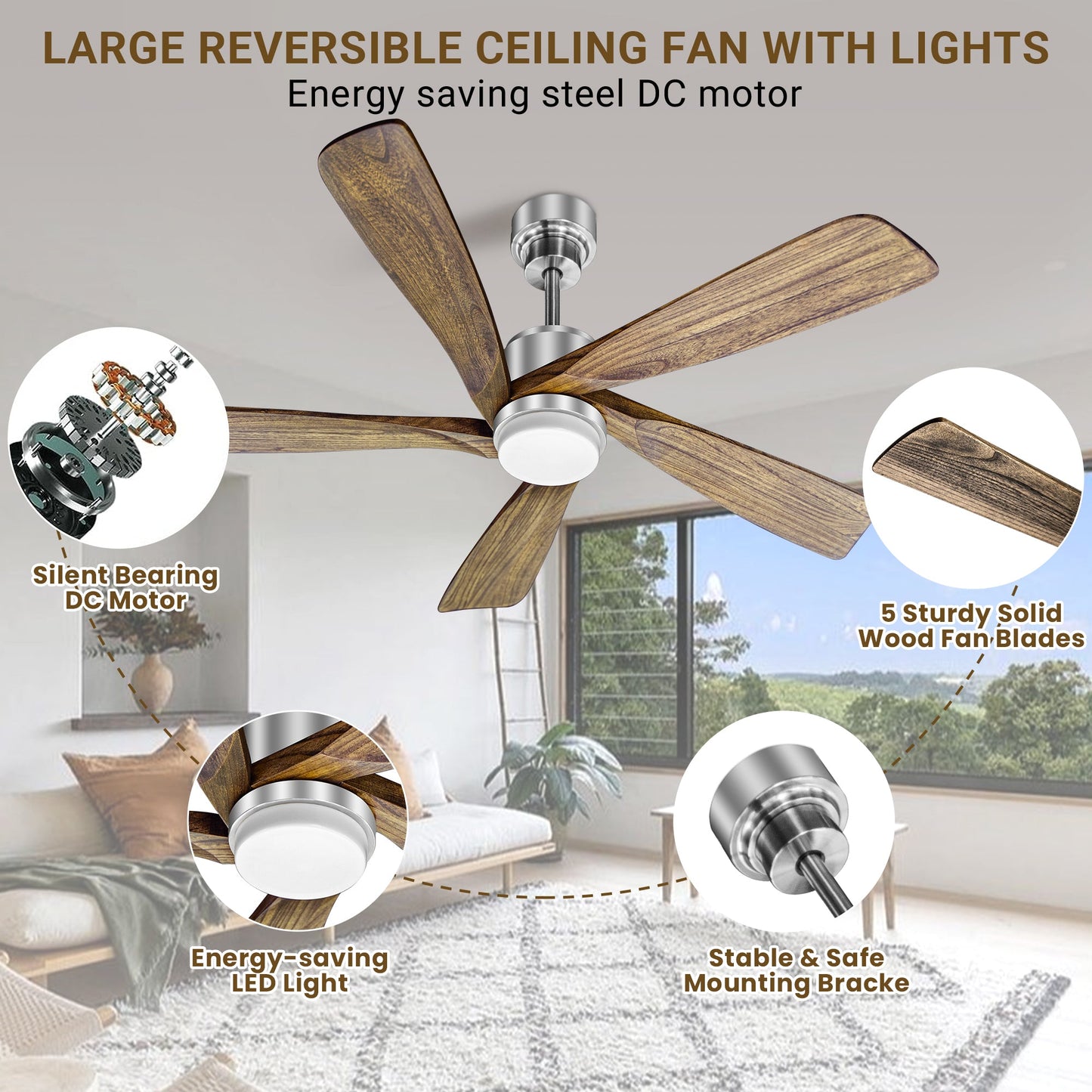 52 Inch Silver Low Profile Wood Ceiling Fan With Remote Control and Light, Reversible DC motor