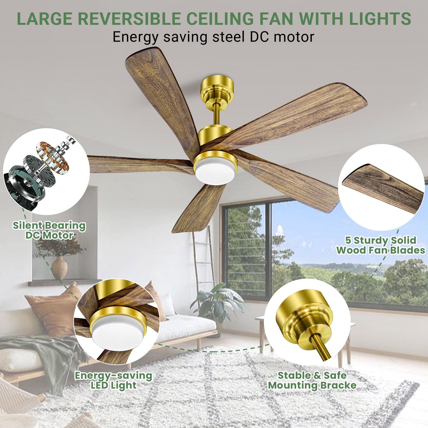 52 Inch Golden Low Profile Wood Ceiling Fan With Remote Control and Light, Reversible DC motor