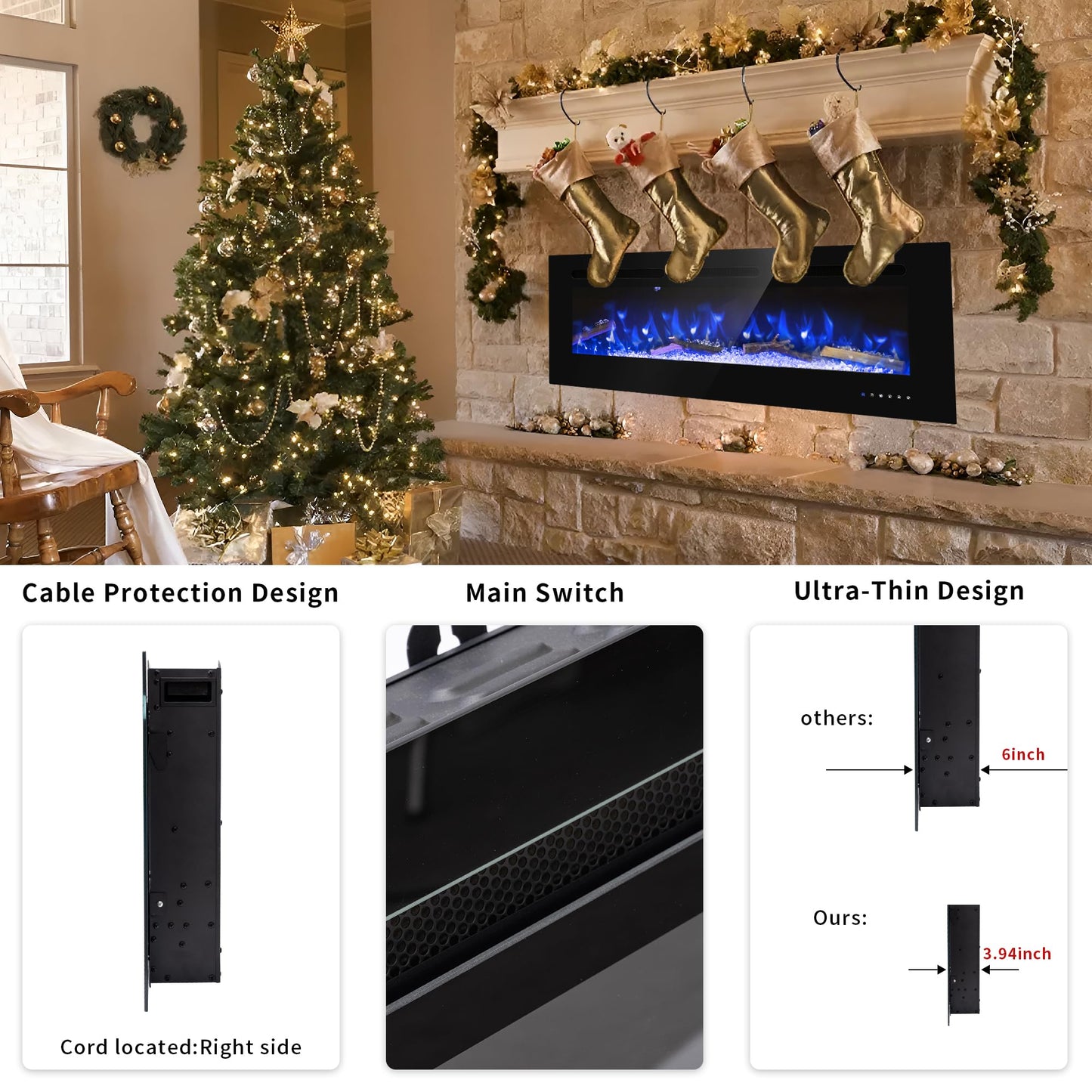 50 inch Ultra-Thin Electric Fireplace Recessed and Wall Mounted, 750/1500W Heater