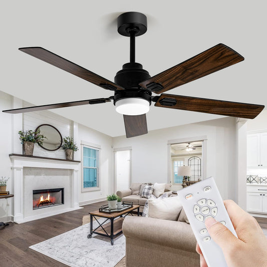 52 Inch Black Low Profile Wood Ceiling Fan With Remote Control and Light, Reversible DC motor