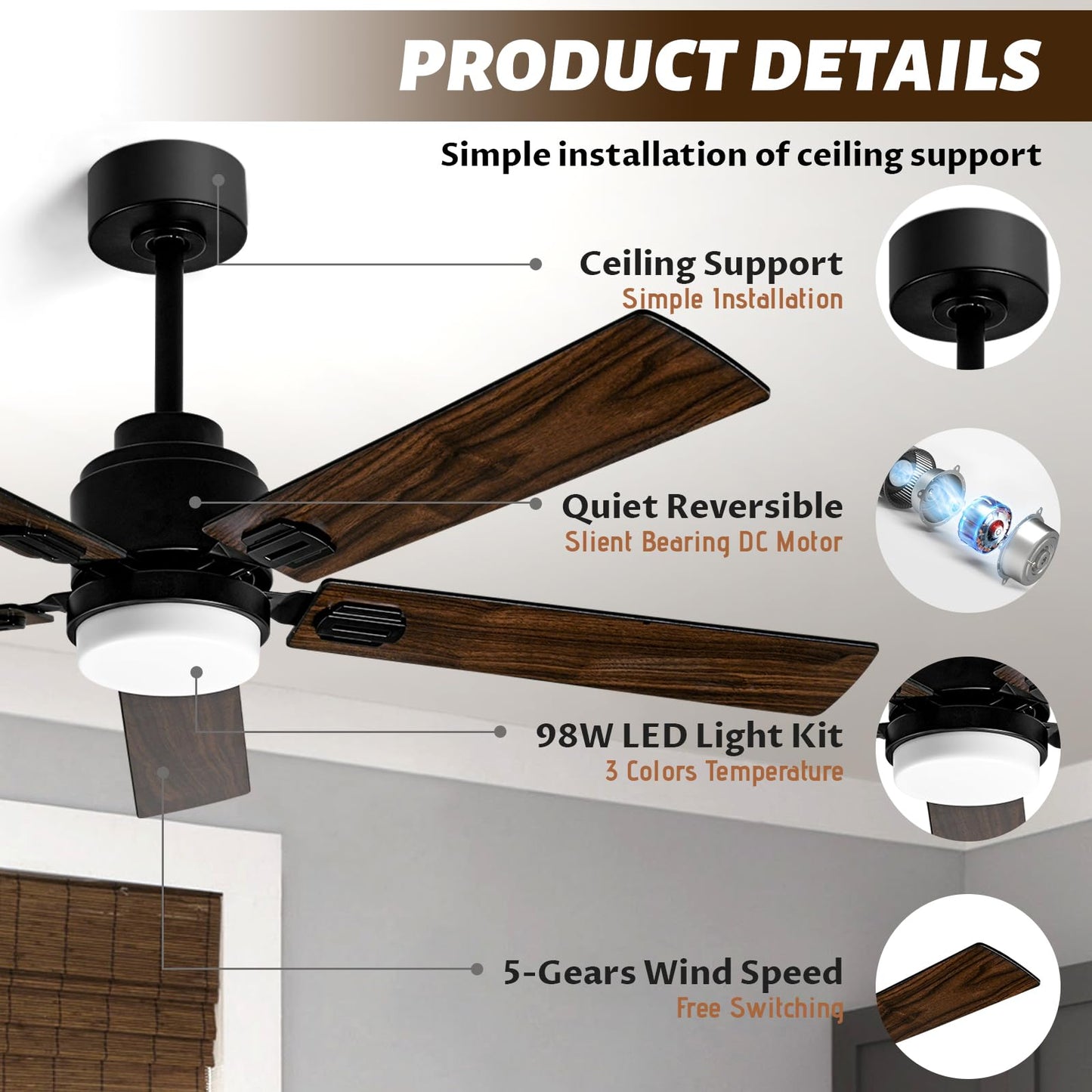 52 Inch Black Low Profile Wood Ceiling Fan With Remote Control and Light, Reversible DC motor