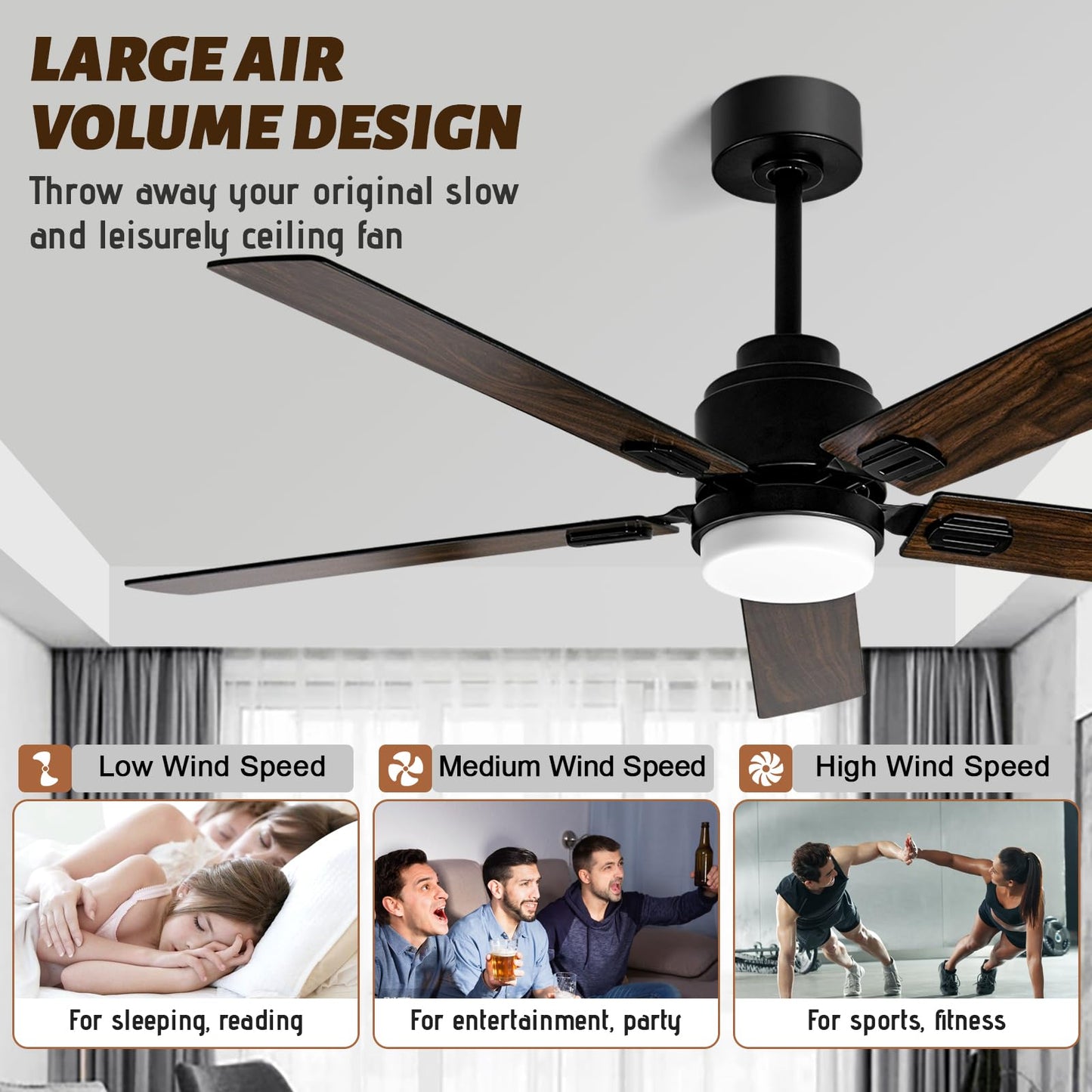 52 Inch Black Low Profile Wood Ceiling Fan With Remote Control and Light, Reversible DC motor